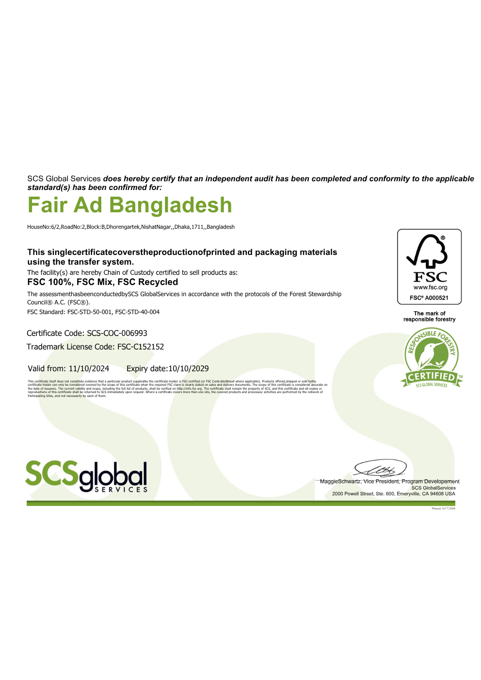 Fair Ad Bangladesh OEKO TEX Certificate