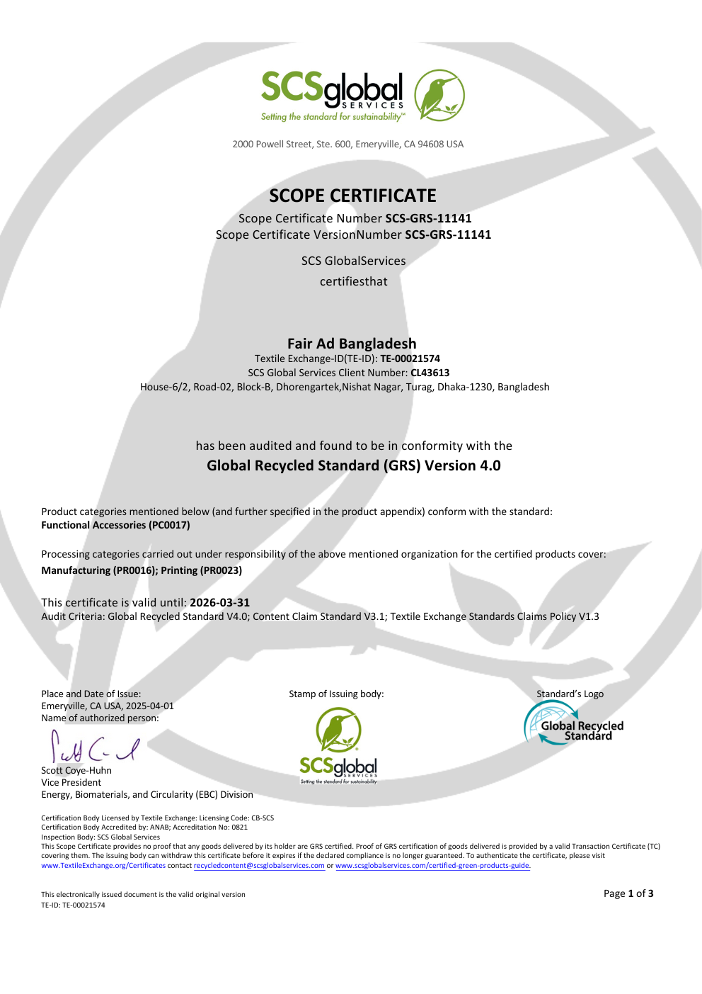 Fair Ad Bangladesh RCS Scope Certificate
